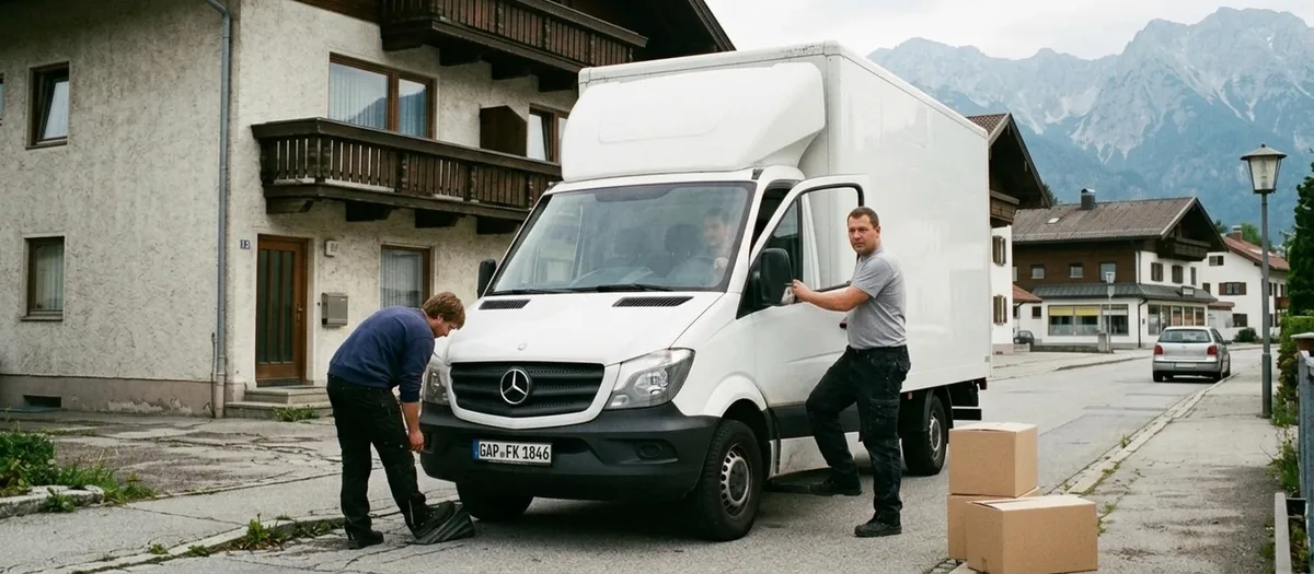 Lagergang, ein Abteil ist mit abgedeckten Möbeln auf Paletten belegt, die Nachbarabteile sind leer