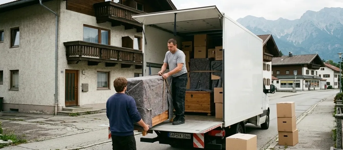 Gestapelte Umzugskartons und abgedeckte Möbel im Laderaum, mit Spanngurten gesichert