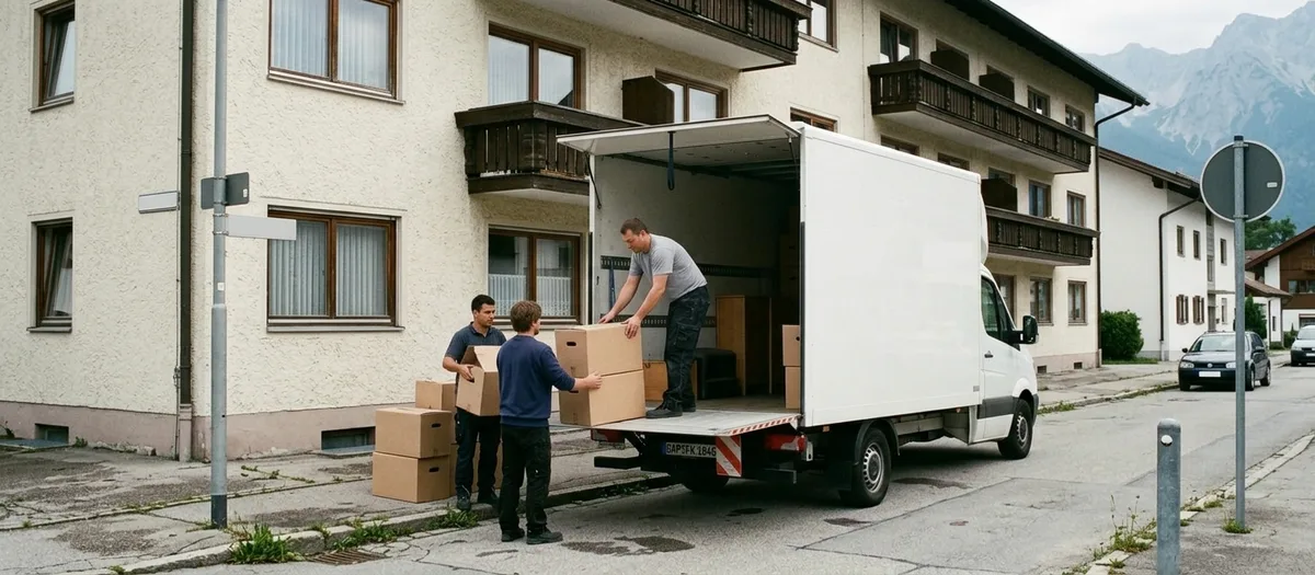 Drei Träger beladen zügig einen Transporter vor einem Mehrfamilienhaus, Kartons gehen zu zweit hinein