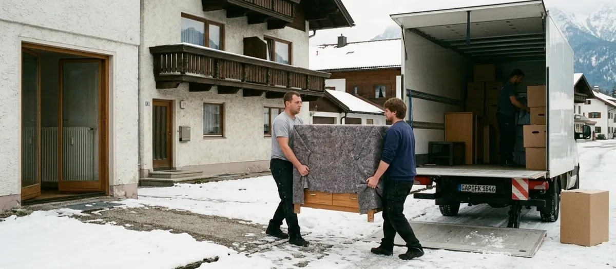 Umzugswagen auf einer geräumten, verschneiten Zufahrt, der Weg ist gestreut, die Mannschaft trägt einen eingeschlagenen Schrank