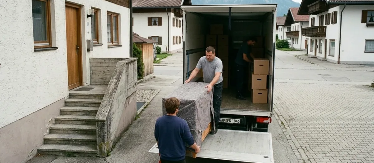 Umzugswagen hält auf festem Grund am Ende einer Zufahrt, ein langer Weg mit Stufen führt zum Hauseingang