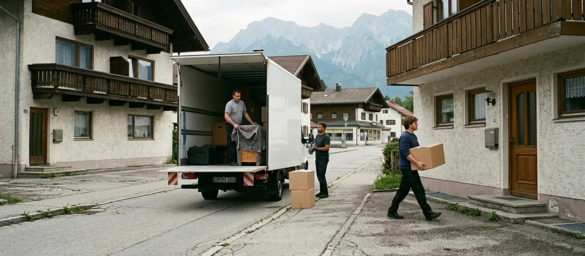 Umzugswagen steht in einer Wohnstraße mit Alpenhäusern, ein Träger bringt einen Karton zur Haustür