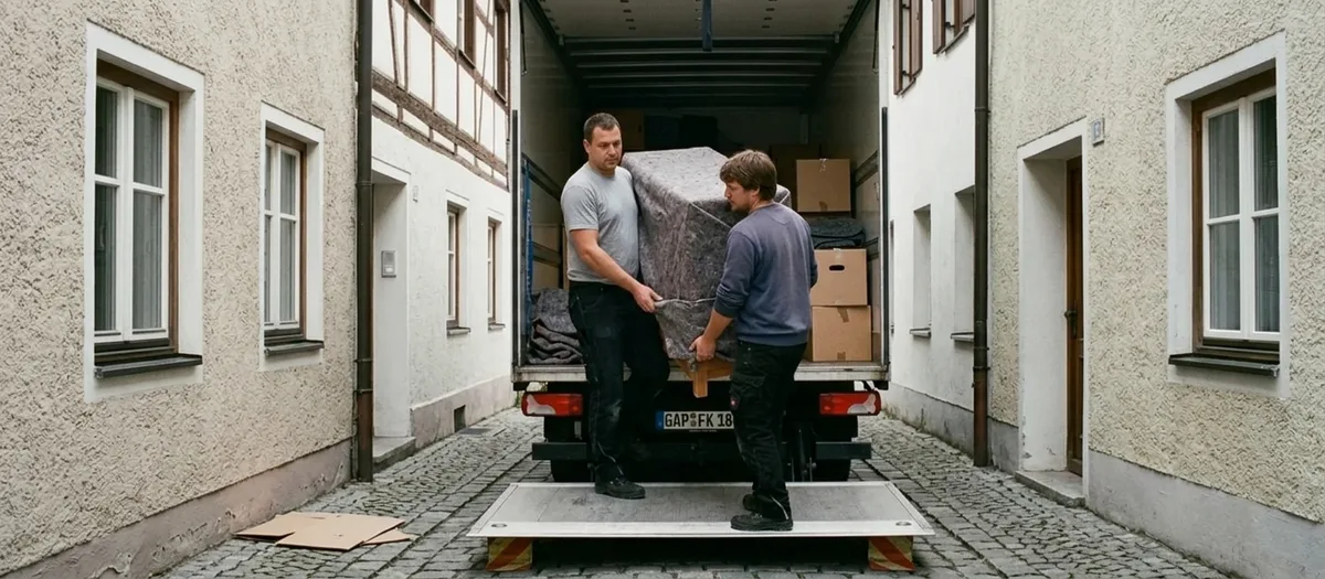 Umzugswagen in einer sehr engen Altstadtgasse, zwei Träger tragen eine zerlegte Schrankwange