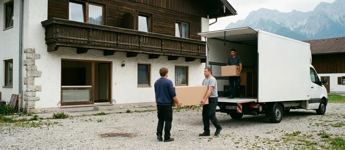 Umzugswagen steht auf einem Kieshof vor einem großen alten Haus, die Mannschaft trägt über den Hof