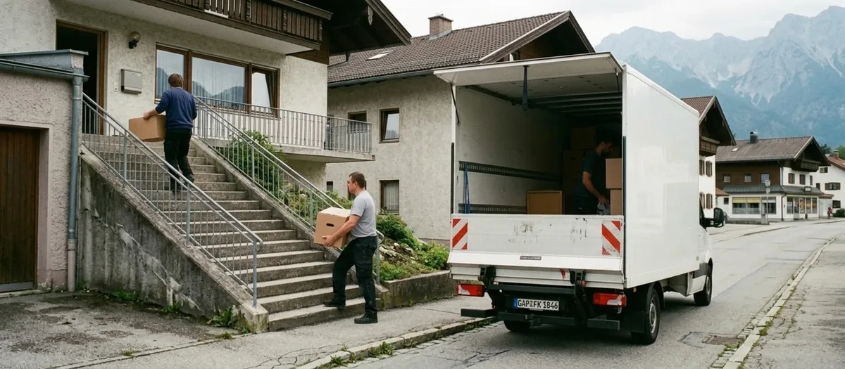 Umzugswagen hält unterhalb eines Hanghauses, die Mannschaft trägt Kartons die Außentreppe hinauf