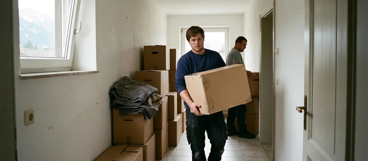 Ein Träger bringt einen abgenutzten Karton durch einen schmalen Wohnungsflur, weitere Kartons stehen an der Wand