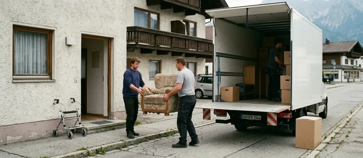 Gepolsterte Möbelstücke und beschriftete Kartons im Laderaum