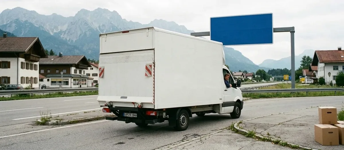 Umzugswagen fährt an einem blauen Wegweiser vorbei auf die Autobahnauffahrt