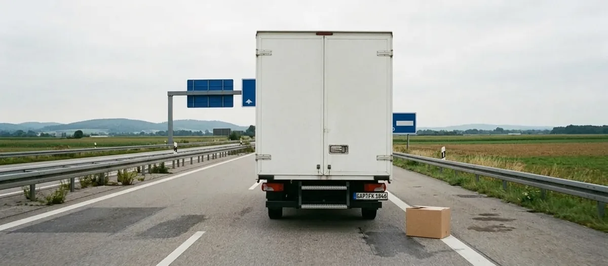 Umzugswagen von hinten auf der Autobahn, flaches Land und bedeckter Himmel