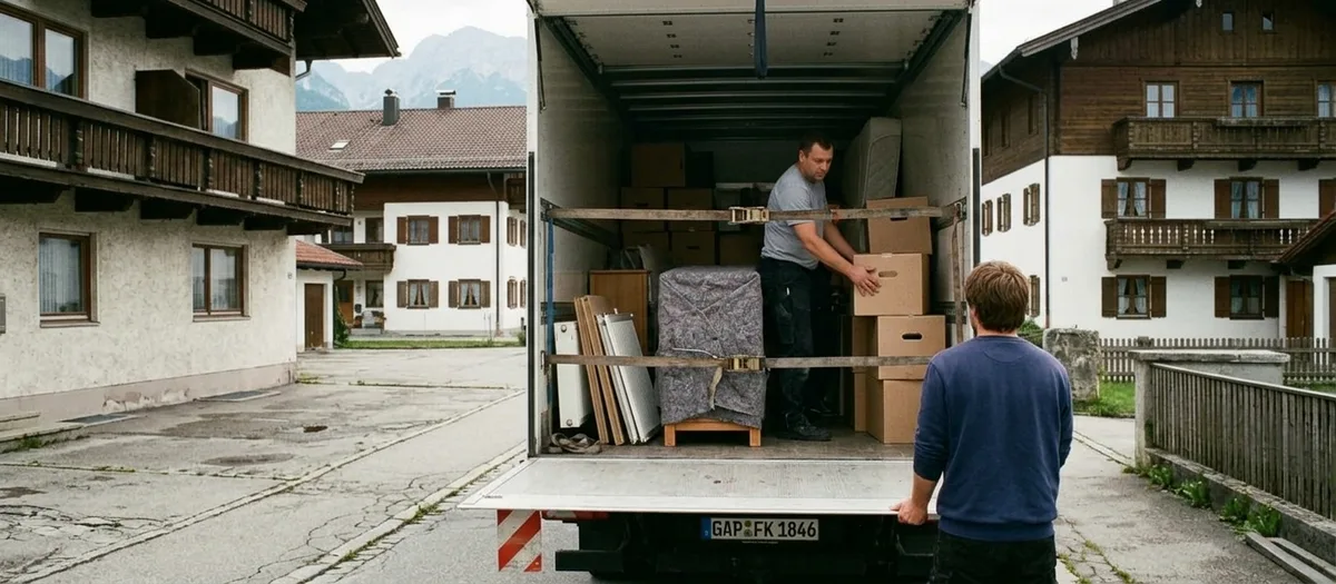 Offenes Heck des Umzugswagens, die gestapelte Ladung ist mit zwei Spanngurten gehalten